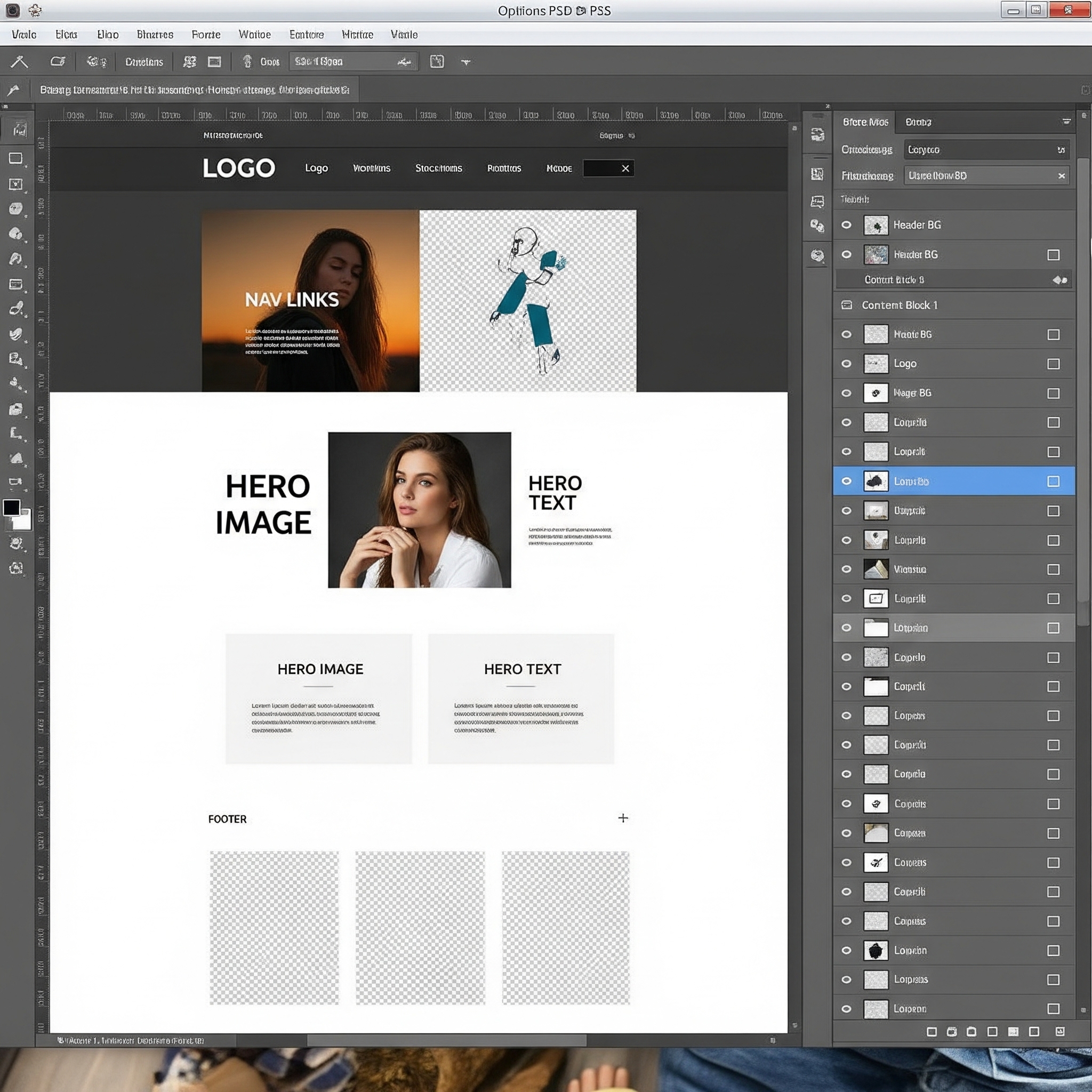 A website design demonstrated in Adobe Photoshop PSD format, showing the layers panel.