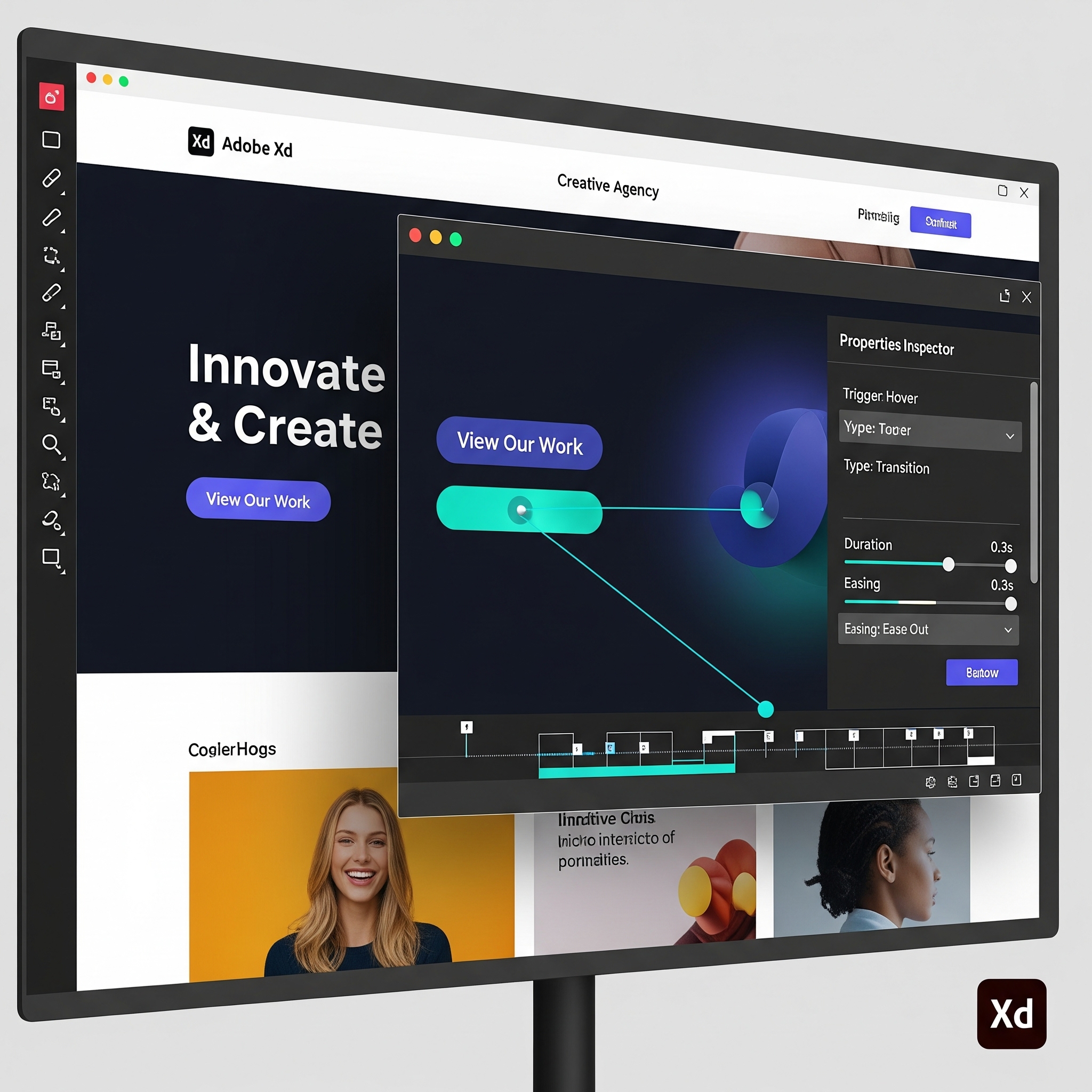A website design in Adobe XD showcasing its prototyping and animation capabilities.