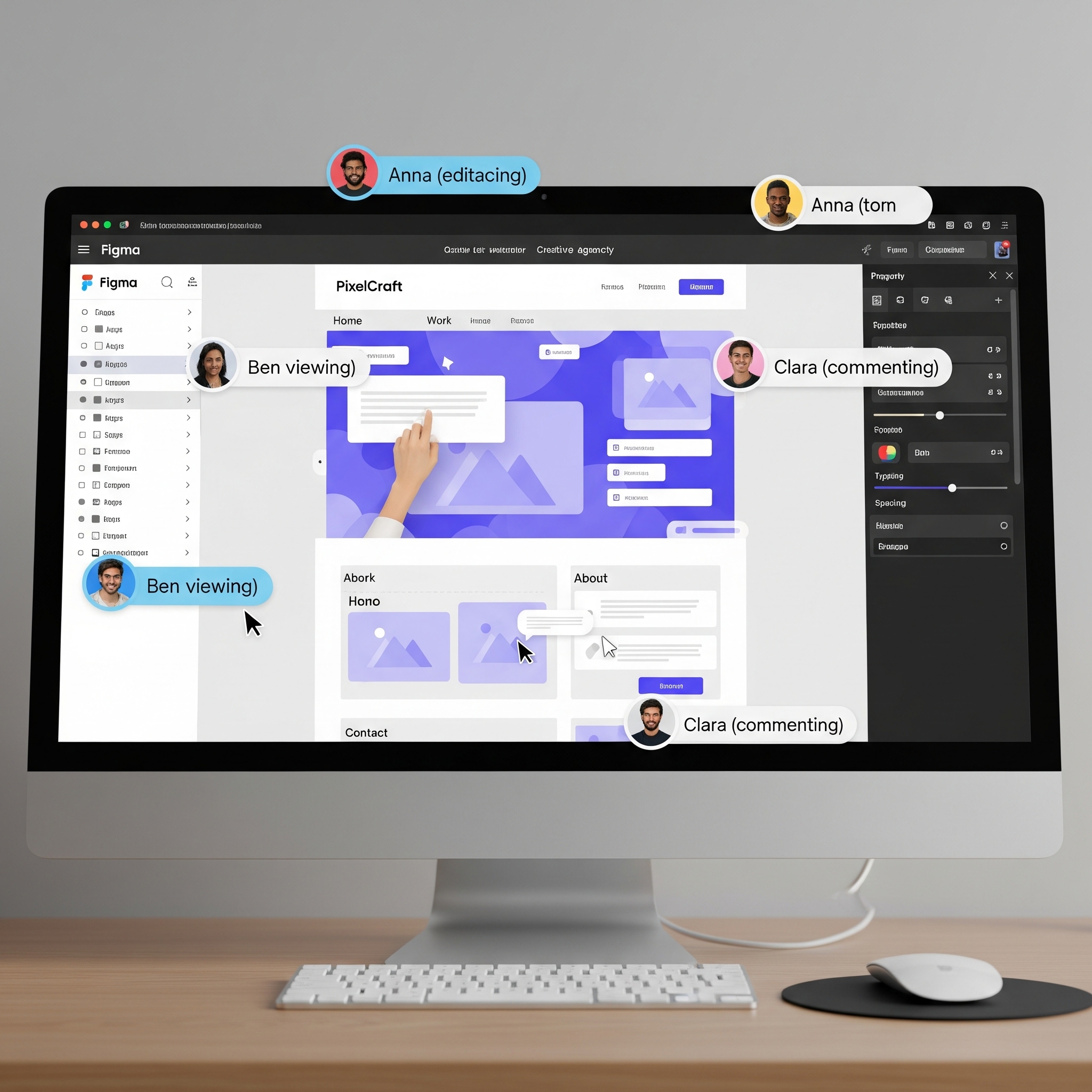 A website design in Figma showing multiple users collaborating in real-time.