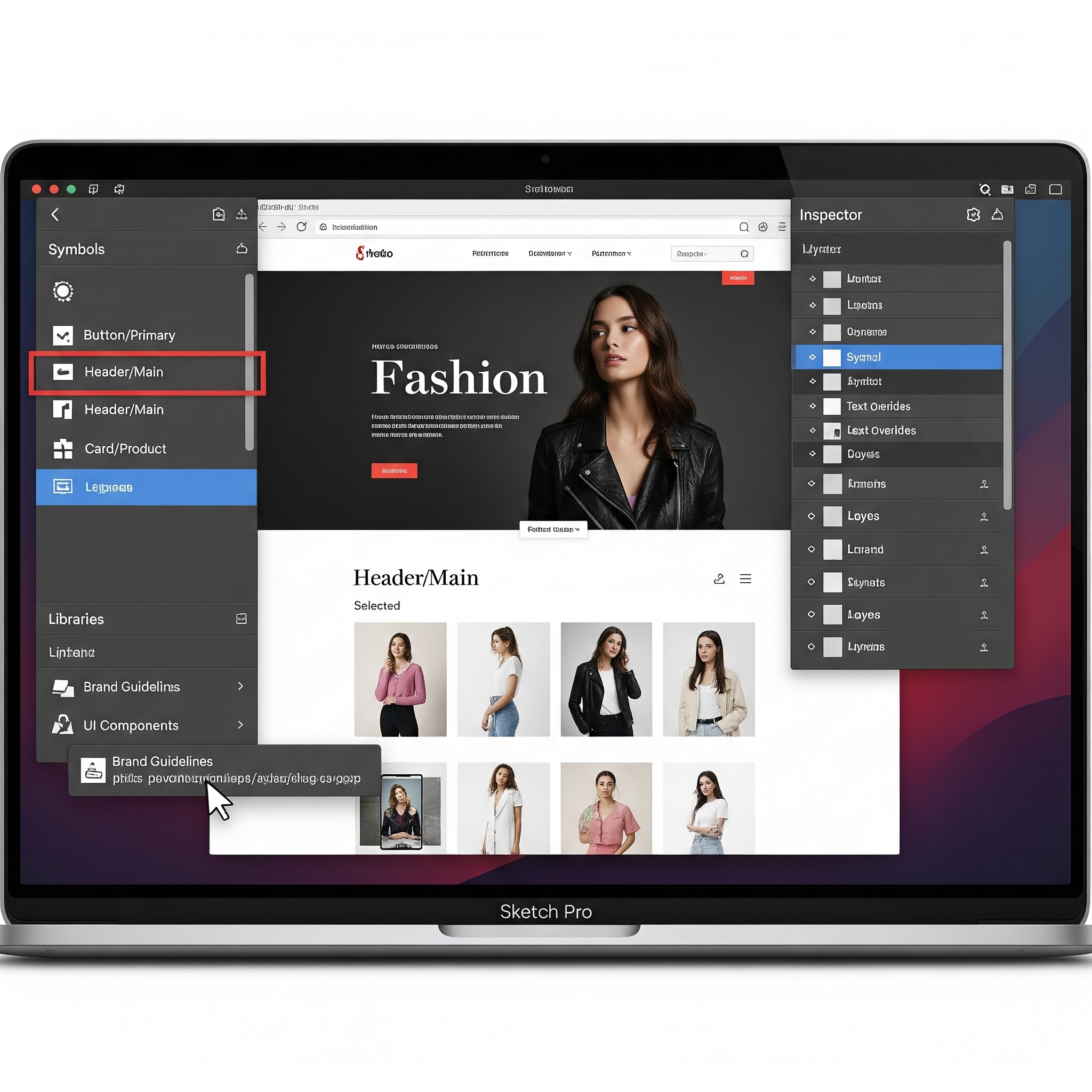 A website design in Sketch highlighting its symbols and reusable libraries.